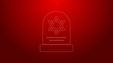 Yeşil çizgi Tombstone, kırmızı arkaplanda David ikon yıldızı izole edildi. Yahudi mezar taşı. Mezar taşı simgesi. 4K Video hareketli grafik canlandırması