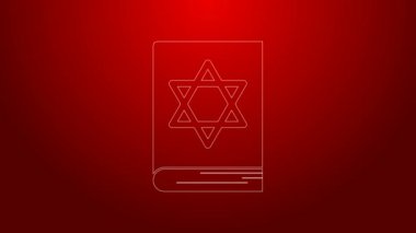 Kırmızı arka planda izole edilmiş yeşil çizgi Yahudi torah kitap ikonu. Musa 'nın Pentateuch' u. İncil 'in kapağında Davut Yıldızı' nın resmi var. 4K Video hareketli grafik canlandırması