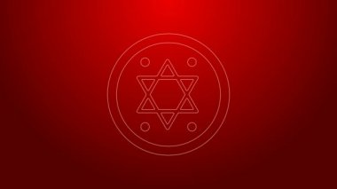 Kırmızı arka planda izole edilmiş yeşil çizgi Yahudi madeni para ikonu. Para birimi sembolü. 4K Video hareketli grafik canlandırması