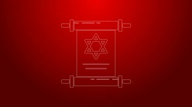 Yeşil çizgi Tevrat kaydırma simgesi kırmızı arkaplanda izole edildi. Genişletilmiş Yahudi Tevrat 'ı. David 'in Yıldızı sembolü. Eski parşömen tomarı. 4K Video hareketli grafik canlandırması