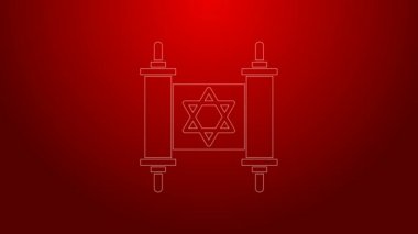 Yeşil çizgi Tevrat kaydırma simgesi kırmızı arkaplanda izole edildi. Genişletilmiş Yahudi Tevrat 'ı. David 'in Yıldızı sembolü. Eski parşömen tomarı. 4K Video hareketli grafik canlandırması