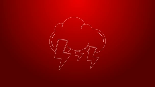 Zöld vonal Vihar ikon elszigetelt piros háttérrel. Felhő és villám jel. A vihar időjárási jelképe. 4K Videó mozgás grafikus animáció — Stock videók