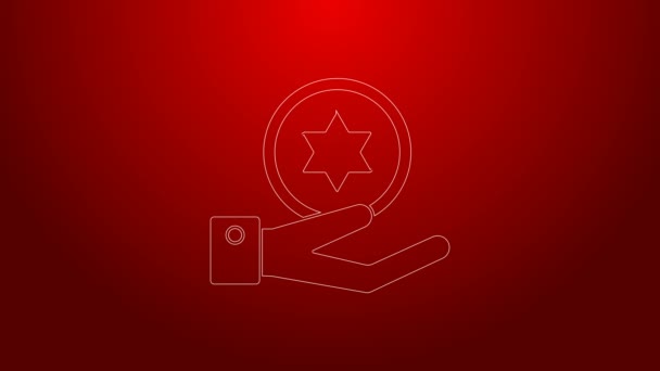 Green line Jewish coin on hand icon isolated on red background. Currency symbol. 4K Video motion graphic animation — Stock Video