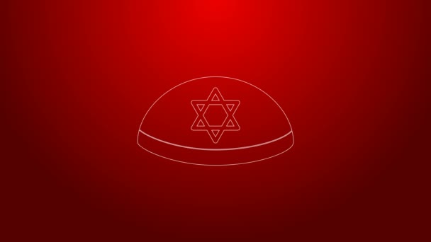 Kippa judía de línea verde con estrella de David icono aislado sobre fondo rojo. Sombrero judío yarmulke. Animación gráfica de vídeo 4K — Vídeos de Stock