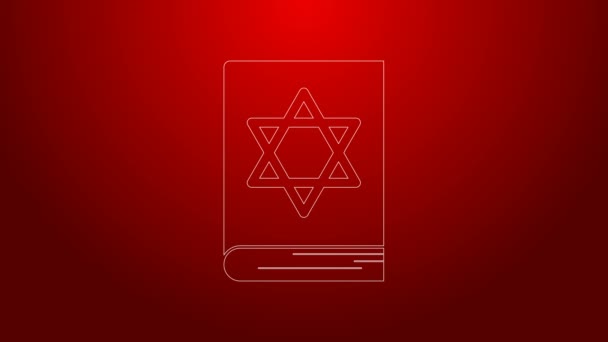 緑の線ユダヤ人のトーラの本のアイコンは、赤の背景に隔離された。モーセの五旬節。聖書の表紙にはダビデの星のイメージが描かれています。4Kビデオモーショングラフィックアニメーション — ストック動画