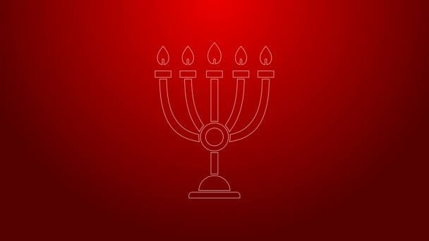 Zielona linia Chanuka menorah ikona izolowane na czerwonym tle. Hanukkah tradycyjny symbol. Świąteczna religia, żydowski festiwal świateł. 4K Animacja graficzna ruchu wideo — Wideo stockowe