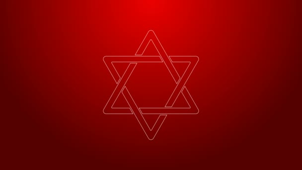 Línea verde Estrella de David icono aislado sobre fondo rojo. Símbolo religioso judío. Símbolo de Israel. Animación gráfica de vídeo 4K — Vídeo de stock