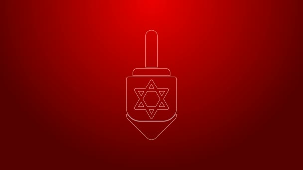 Green line Hanukkah dreidel icon isolated on red background. 4K Video motion graphic animation