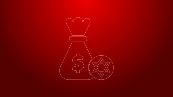 Ligne verte sac d'argent juif avec étoile de David et icône de pièce isolé sur fond rouge. Symbole monétaire. Animation graphique de mouvement vidéo 4K — Video