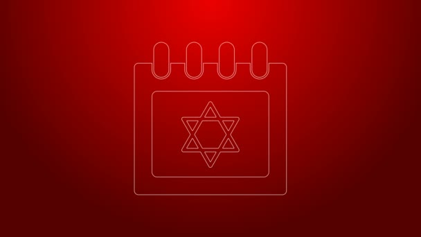 Línea verde Calendario judío con estrella de David icono aislado sobre fondo rojo. Hanukkah día calendario. Animación gráfica de vídeo 4K — Vídeos de Stock
