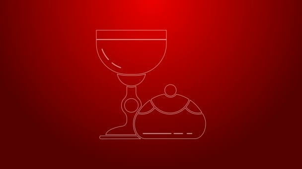 Zelená čára Židovský pohár a Chanuka sufganiyot ikona izolované na červeném pozadí. Židovská sladká pekárna. Šálek vína pro kiddush. Grafická animace pohybu videa 4K — Stock video