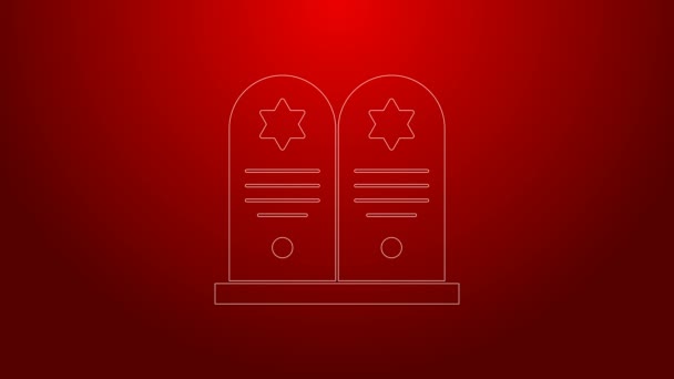 Green line Tombstone with star of david icon isolated on red background. Jewish grave stone. Gravestone icon. 4K Video motion graphic animation — Stock Video