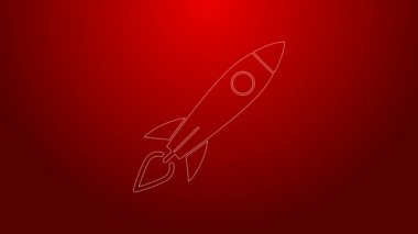 Kırmızı zemin üzerinde ateş ikonu olan yeşil çizgi roket gemisi. Uzay yolculuğu. 4K Video hareketli grafik canlandırması