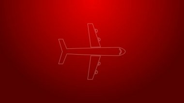 Yeşil çizgi düzlem simgesi kırmızı arkaplanda izole edildi. Uçan uçak ikonu. Uçak tabelası. 4K Video hareketli grafik canlandırması