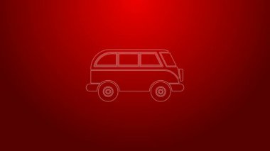 Yeşil çizgi Retro minivan simgesi kırmızı arkaplanda izole edildi. Eski klasik seyahat minibüsü. 4K Video hareketli grafik canlandırması