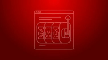 Yeşil çizgi çevrimiçi slot makinesi simgesi kırmızı arkaplanda izole edildi. İnternetteki kumarhane. 4K Video hareketli grafik canlandırması