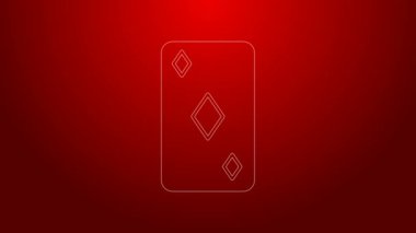 Kırmızı arkaplanda yeşil çizgili elmas sembollü oyun kartı. Kumarhane kumarı. 4K Video hareketli grafik canlandırması