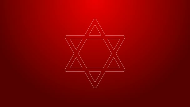 Línea verde Estrella de David icono aislado sobre fondo rojo. Símbolo religioso judío. Símbolo de Israel. Animación gráfica de vídeo 4K — Vídeo de stock