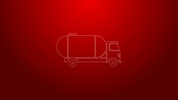 Zöld vonal Tanker teherautó ikon elszigetelt piros háttérrel. Ásványolajszállító tartálykocsi, benzines kocsi, ciszterna, olajszállító pótkocsi. 4K Videó mozgás grafikus animáció — Stock videók
