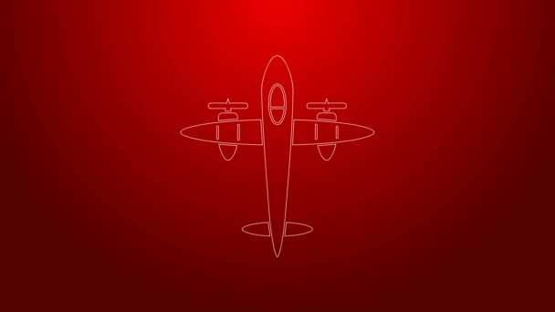 Зеленая линия Старая ретро винтажная плоскость значок изолирован на красном фоне. Икона летающего самолета. Вывеска авиалайнера. Видеографическая анимация 4K — стоковое видео