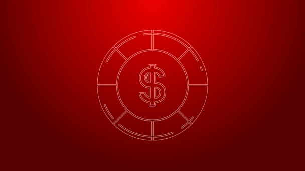 Ligne verte Casino puce avec symbole dollar icône isolée sur fond rouge. Casino de jeu. Animation graphique de mouvement vidéo 4K — Video