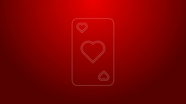 Linha verde Playing card com ícone de símbolo de coração isolado no fundo vermelho. Jogo de casino. Animação gráfica em movimento de vídeo 4K — Vídeo de Stock