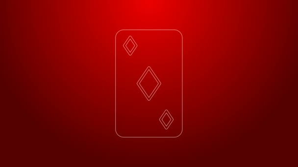 Linha verde Playing card com diamantes símbolo ícone isolado no fundo vermelho. Jogo de casino. Animação gráfica em movimento de vídeo 4K — Vídeo de Stock