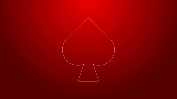 Groene lijn speelkaart met schoppen symbool pictogram geïsoleerd op rode achtergrond. Casino gokken. 4K Video motion grafische animatie — Stockvideo