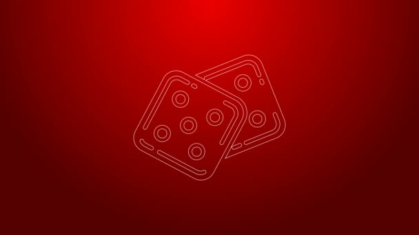Πράσινο εικονίδιο ζάρια γραμμή παιχνίδι απομονώνονται σε κόκκινο φόντο. Τζόγος. 4K Γραφική κίνηση κίνησης βίντεο — Αρχείο Βίντεο
