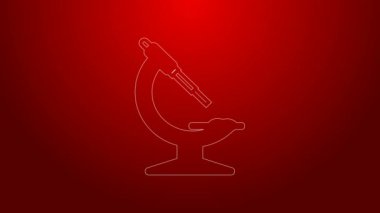 Kırmızı arkaplanda yeşil çizgi mikroskop simgesi izole edildi. Kimya, ilaç aleti, mikrobiyoloji büyütme aracı. 4K Video hareketli grafik canlandırması