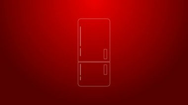Yeşil çizgi buzdolabı simgesi kırmızı arkaplanda izole edildi. Buzdolabı buzdolabı. Ev aletleri ve aletler. 4K Video hareketli grafik canlandırması