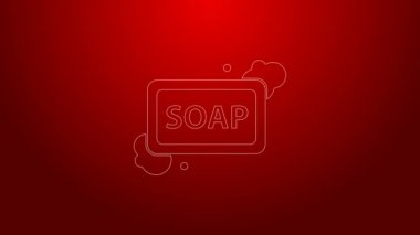 Kırmızı zemin üzerinde köpük simgesi olan yeşil çizgi sabun çubuğu. Köpüklü sabun çubuğu. 4K Video hareketli grafik canlandırması