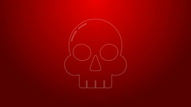 Yeşil çizgi Skull simgesi kırmızı arkaplanda izole edildi. Mutlu Cadılar Bayramı Partisi. 4K Video hareketli grafik canlandırması