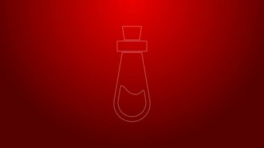 Kırmızı zemin üzerinde iksir ikonu olan yeşil çizgi şişesi. Sihirli iksirli matara. Mutlu Cadılar Bayramı Partisi. 4K Video hareketli grafik canlandırması
