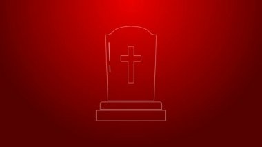 Kırmızı zemin üzerinde çapraz simge olan yeşil çizgi Tombstone. Mezar ikonu. 4K Video hareketli grafik canlandırması