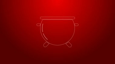 Yeşil çizgi Cadılar Bayramı cadı kazanı ikonu kırmızı arka planda izole edildi. Mutlu Cadılar Bayramı Partisi. 4K Video hareketli grafik canlandırması
