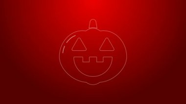 Yeşil çizgi balkabağı simgesi kırmızı arkaplanda izole edildi. Mutlu Cadılar Bayramı Partisi. 4K Video hareketli grafik canlandırması