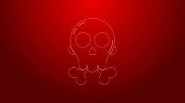 Çapraz kemik ikonundaki yeşil çizgi Skull kırmızı arka planda izole edildi. Mutlu Cadılar Bayramı Partisi. 4K Video hareketli grafik canlandırması