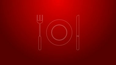 Kırmızı arka planda yeşil çizgi, çatal ve bıçak ikonu izole edildi. Çatal bıçak sembolü. Restoran tabelası. 4K Video hareketli grafik canlandırması
