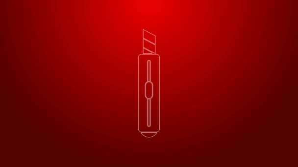 Línea verde Icono de cuchillo de papelería aislado sobre fondo rojo. Cortador de papel de oficina. Animación gráfica de vídeo 4K — Vídeos de Stock