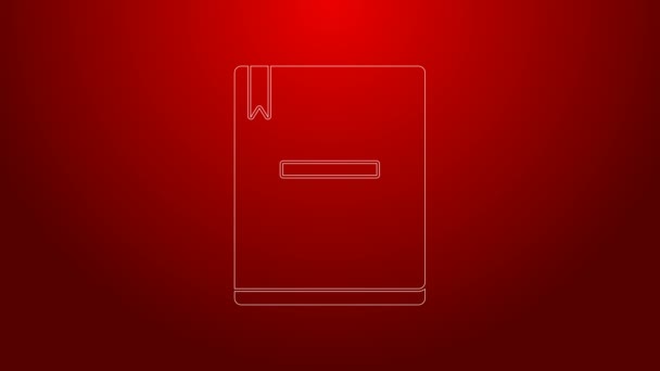 Línea verde Icono de cuaderno aislado sobre fondo rojo. Icono de bloc de notas en espiral. Cuaderno escolar. Un bloc de notas. Diario para la escuela. Animación gráfica de vídeo 4K — Vídeos de Stock