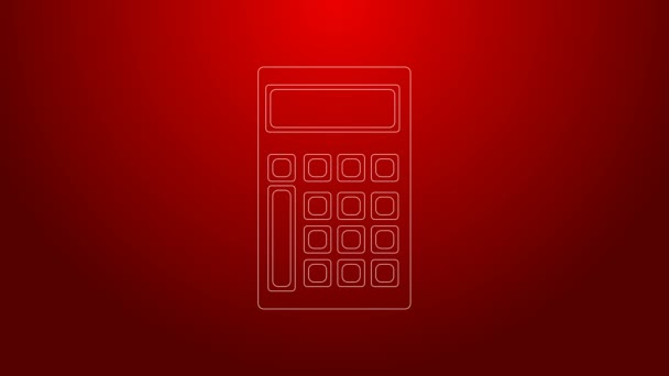 Grön linje Calculator ikon isolerad på röd bakgrund. Bokföringssymbol. Beräkningar matematik utbildning och finans. 4K Video motion grafisk animation — Stockvideo