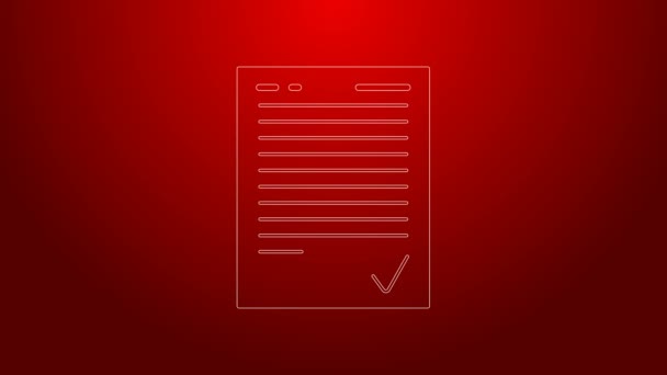 Зеленая линия Экзаменационный лист с галочкой значок изолирован на красном фоне. Тестовая работа, экзамен или концепция опроса. Школьный тест или экзамен. Видеографическая анимация 4K — стоковое видео