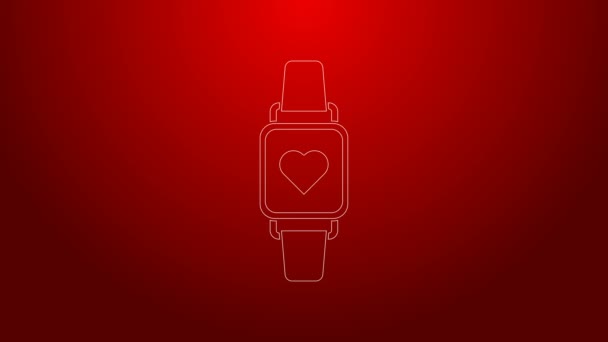 Linea verde Smart orologio che mostra l'icona della frequenza cardiaca isolato su sfondo rosso. Concetto Fitness App. Animazione grafica 4K Video motion — Video Stock