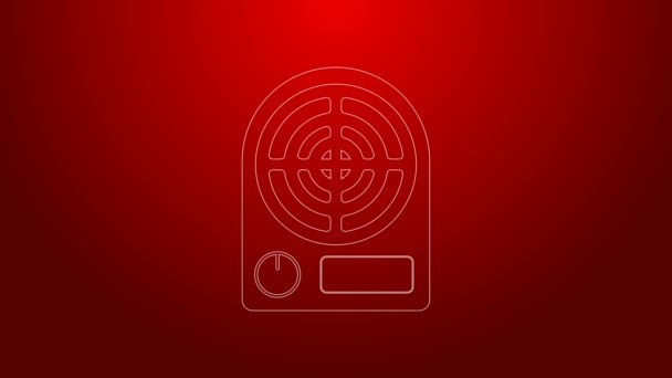 Иконка электрического обогревателя выделена на красном фоне. Инфракрасный напольный нагреватель с дистанционным управлением. Климатический контроль дома. Видеографическая анимация 4K — стоковое видео
