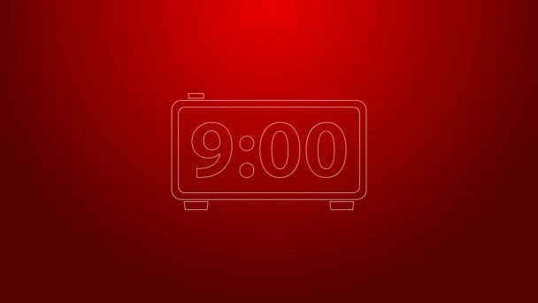 Línea verde Icono de despertador digital aislado sobre fondo rojo. Reloj despertador electrónico. Icono de tiempo. Animación gráfica de vídeo 4K — Vídeo de stock