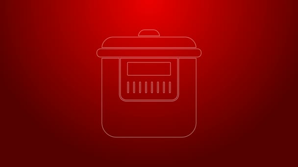 Green line Slow cooker icon isolated on red background. Electric pan. 4K Video motion graphic animation — Stock Video