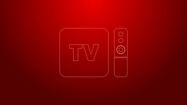 Línea verde Receptor multimedia y caja de TV y reproductor con icono de controlador remoto aislado sobre fondo rojo. Animación gráfica de vídeo 4K — Vídeo de stock