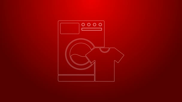 Kırmızı arkaplanda yeşil çizgi yıkama ve tişört ikonu var. Çamaşır makinesi simgesi. Çamaşır makinesi, çamaşır makinesi. Ev aletleri sembolü. 4K Video hareketli grafik canlandırması — Stok video