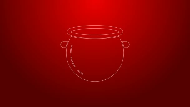 Green line Halloween witch cauldron icon isolated on red background. Happy Halloween party. 4K Video motion graphic animation — Stock Video